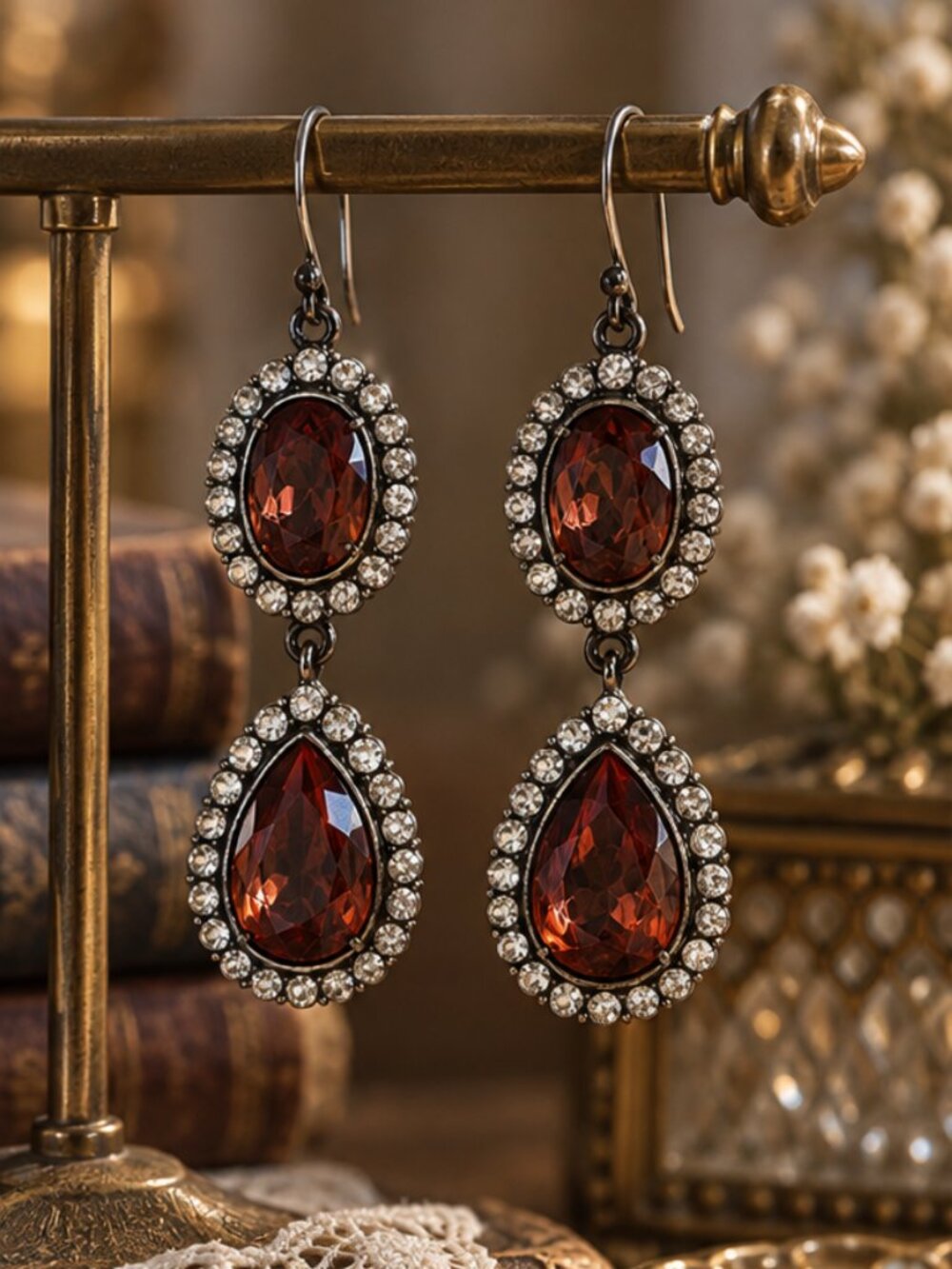 Vintage Inspired Victorian RedvRhinestone Dangle Earrings